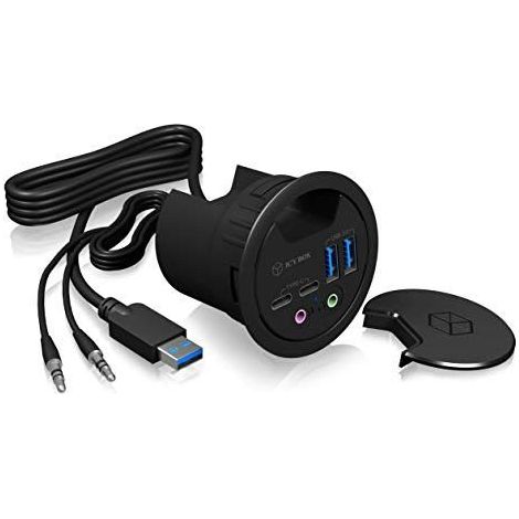 ICY BOX USB 3.0 Table Hub (60 mm) pour Installation, 2X USB-C, 2X USB-A, Audio, Passe-c...