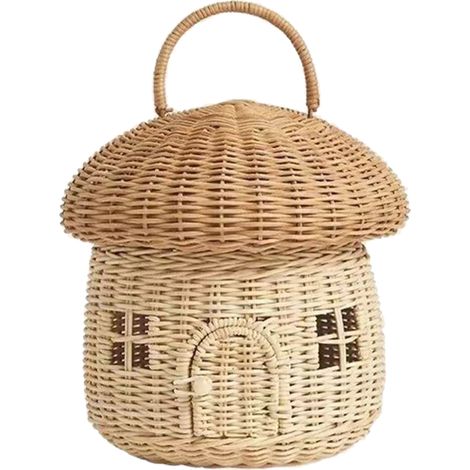 Panier Tressé à Anse Mushroom avec Couvercle en Rotin Naturel - Corbeille de Stockage Décorative pour Fêtes (25x25cm, Marron) (1/5)