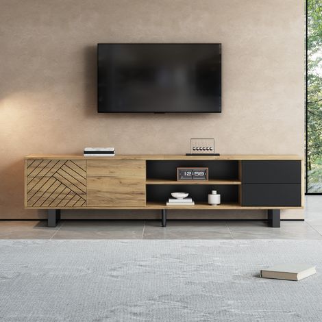 Meuble TV 180 x 40 x 50 cm pour TV 75 pouces 2 portes 2 tiroirs, niches ouvertes pieds métal panneaux de particules bois noir (1/5)