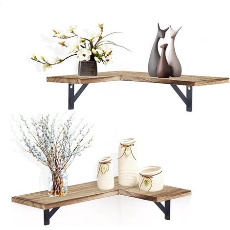 Étagères flottantes - Lot de 2 - Étagères d'angle murales flottantes - Étagères murales décoratives - Présentoirs en bois pour la décoration intérieure - Convient pour la chambre, la salle de bain, la