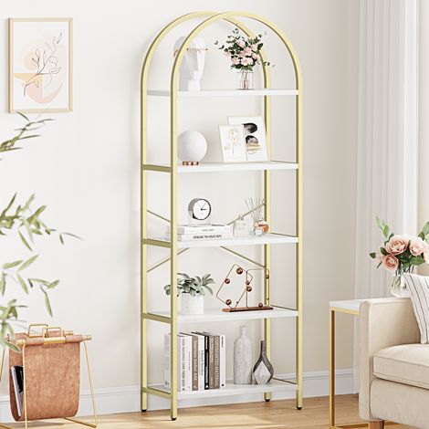 Bibliothèque de bureau haute 180 cm, étagère ouverte 5 niveaux avec arche - style moderne Art Déco, structure métal, rangement salon/chambre/bureau - Doré + effet marbre blanc (cadre fer doré + platea (1/5)