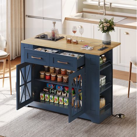 Isola cucina pieghevole 120 cm con prese AC/USB e ruote con freno DESVIAE (1/5)