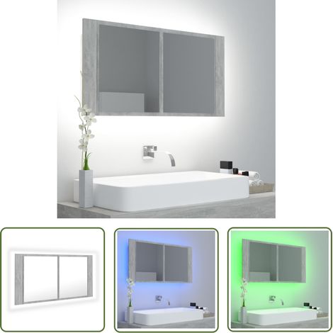 The Living Store Armoire de salle de bain à miroir LED Gris béton Acrylique - Armoire Salle De Bain - Meuble Salle De Bain - Miroir Led - Éclairage Rvb - Rangement Salle De Bain (1/5)