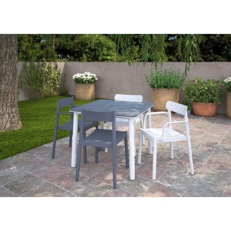Garbar – Table carrée extérieure 90x90cm – Pied blanc – Polypropylène et fibre de verre – Résistante aux intempéries et UV – Pour 2 à 4 personnes
