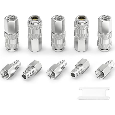 10 Pièces 1/4 Inch Air Line Connectors, 1/4" BSP Female Thread Euro Airline Compressor Hose Fittings, Quick Connect Air Coupler Air Hose Fittings,Air Coupler & Air Plug Kit (1/4)