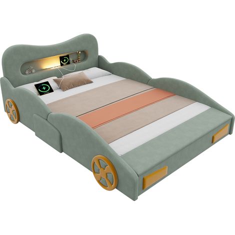 Lit Enfant Voiture Vert - Design Voiture, Rangement Intégré, Éclairage LED, USB et Type-C - Velours - 230.5×151×81cm (1/5)