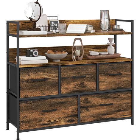 Cassettiera, mobile contenitore, 5 cassetti e ripiani in tessuto pieghevoli e removibili, 98 x 29 x 85 cm, marrone rustico