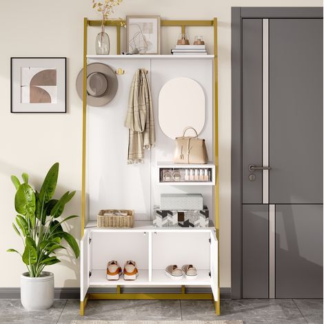 Mobile ingresso con specchio, ganci metallici, panca portascarpe, bianco HAVRYA (1/5)