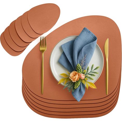 YORKING 6er Set Tischset aus Kunstleder, Platzsets abwaschbar und rutschfest, Platzdeckchen Lederoptik mit Untersetzer, doppelseitig extra rutschfest (Oval, Dunkelgrau+Beige) (Dunkelbraun)