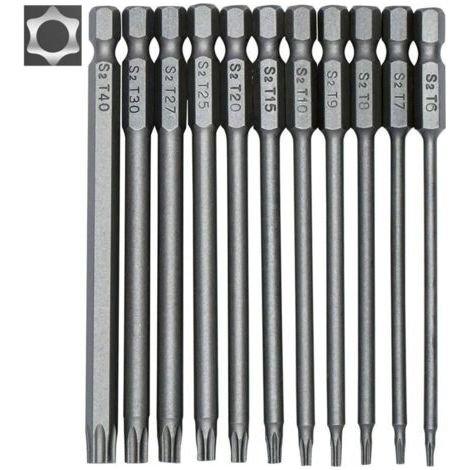 Coffret d'embouts Torx longs Ulisem 11 pièces pour tournevis et visseuses électriques - Embouts magnétiques - Entraînement hexagonal 1/4" - Tailles T6 à T40 - Longueur 100 mm