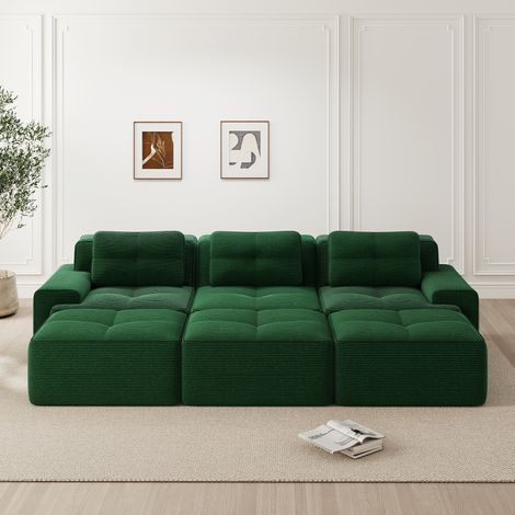 Divano angolare modulare 3 posti, con 3 poggiapiedi - Configurazione angolare, ultra comodo in velluto scanalato - Verde (1/5)