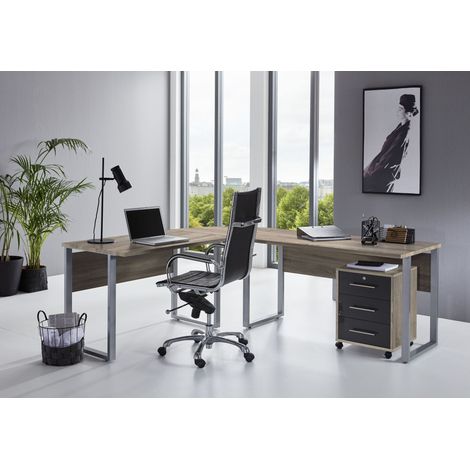 BMG Möbel Büromöbel-Set, Office Edition Set 0, Schreibtisch inklusive Rollcontainer abschließbar in eiche sonoma/ anthrazit hochglanz