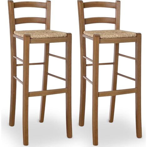 Set 2 sgabelli bar alti 80 cm legno noce chiaro con schienale e seduta in paglia (1/5)