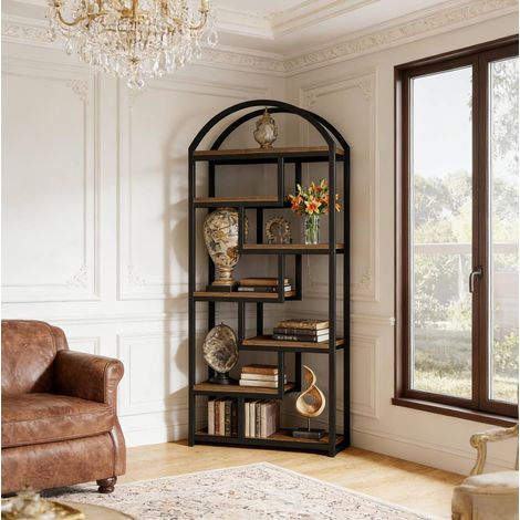 Libreria aperta a 7 ripiani, 180 x 80 x 30 cm, MDF e metallo, nero e rovere rustico HAVRYA (1/5)