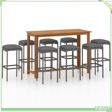 Ensemble de bar de jardin - FAF EICY - 3068015 - 8 tabourets - Table acacia 150x70x105 cm - Coussins amovibles lavables (1/5)