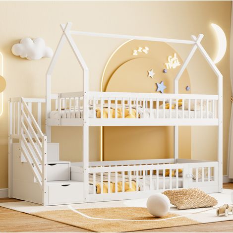 MEUBLIV Letto a castello per bambini 90x200 cm bianco – con scala e contenitori, senza materasso (1/5)