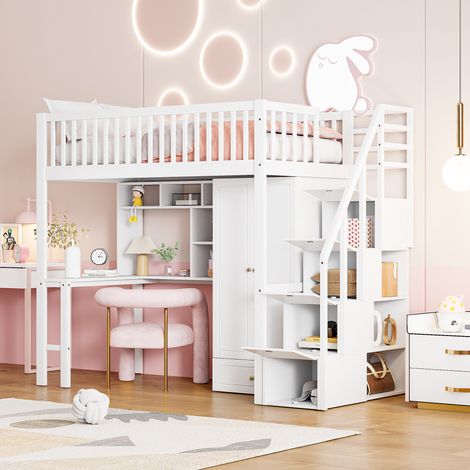 Cama altillo con escritorio, cama altillo infantil, cama altillo adolescente de 90x200 cm con armario, estante, escalera, estructura de madera, blanco (1/5)