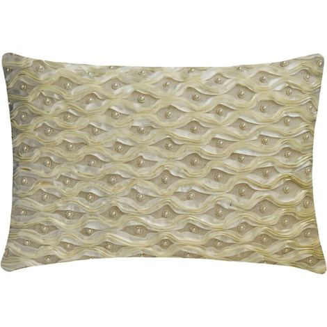Funda de almohada lumbar HomeCentric de 30,5 x 66 cm (12" x 26"), de lino, con cinta de satén perlado y bordado a mano, estilo abstracto moderno - Marfil