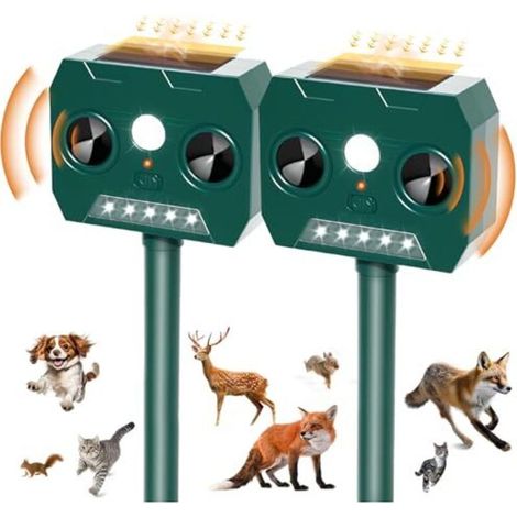 Lot de 2 répulsifs anti-martres, répulsif pour chats, répulsif solaire à ultrasons 120° pour chiens avec lumière LED, répulsif pour animaux résistant aux intempéries IP45 pour martres, chats, ratons l