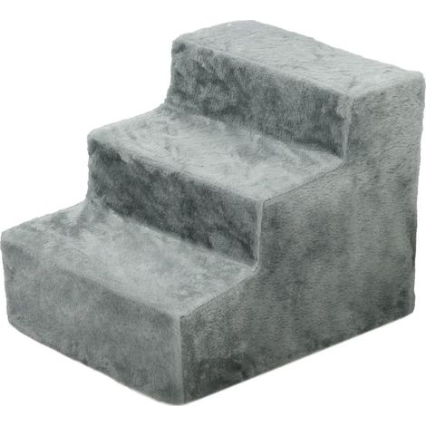 Escalier pour chien, 3 marches, 35 cm, aspect peluche, pour chats (jusqu'à 5 kg), gris clair. (1/5)