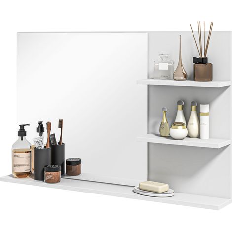 Miroir de salle de bain moderne blanc 75x48 cm, avec 2 étagères latérales et étagère inférieure, miroir mural en MDF et verre