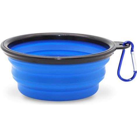 1 gamelle de voyage pliable bleue pour chien d'un diamètre de 17.5 cm pour eau et croquettes, gamelle portable en silicone avec mousqueton (1/5)