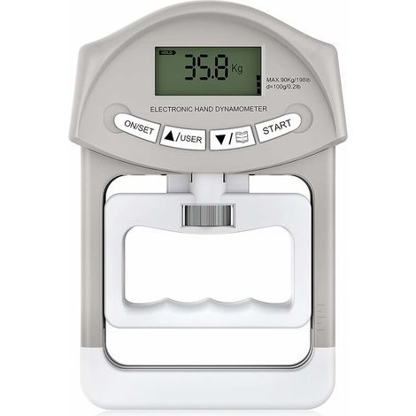 Elektronisches Handdynamometer mit einer Greifkapazität von 90 kg / 200 lbs und 19 einzelnen Scheibensätzen. (1/5)