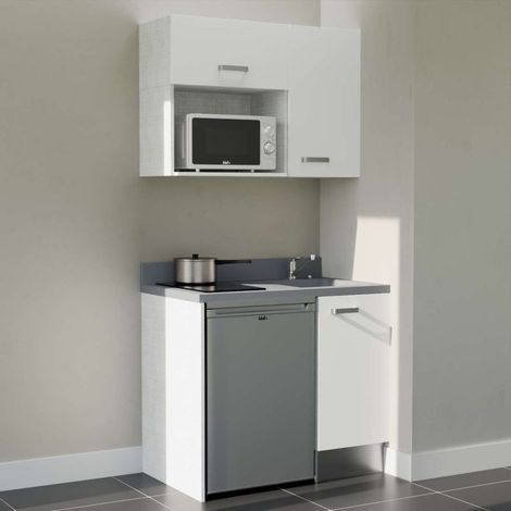 Kitchenette 100 cm K00 Blanc - Plan monobloc évier à droite coloris Cromo - plaque de cuisson, frigo et micro-ondes Inox inclus (1/5)