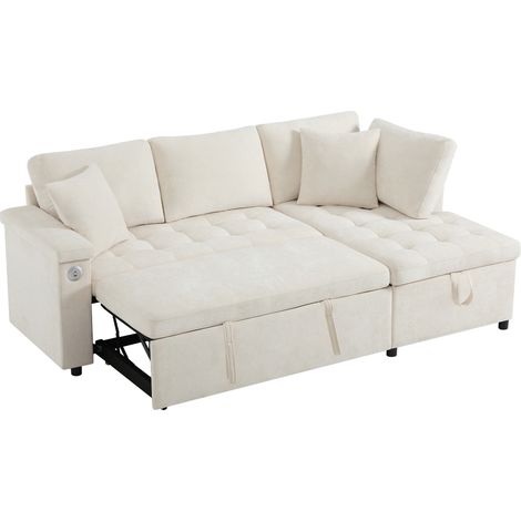 Sofá Chaise Longue Derecha Convertible 3-4 Plazas, con Almacenaje, USB, Portavasos y 2 Cojines, Chenilla Beige, 209 × 130 × 84 cm (1/5)