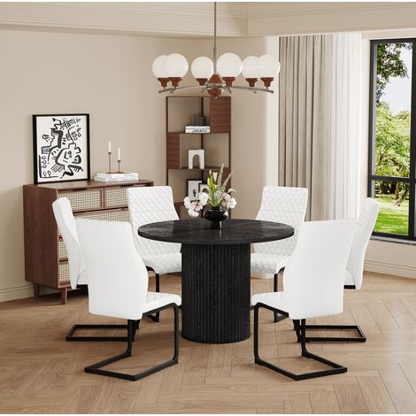 Ensemble table et chaises repas en MDF et métal noir et blanc 6 places, style moderne (1/5)