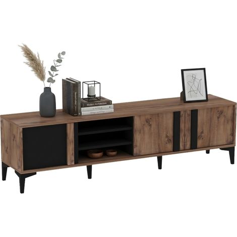 TV-Schrank Gruaro, 2 Regale, 3 Türen, 6 Fächer, 180x40x50h cm, Braun Eiche