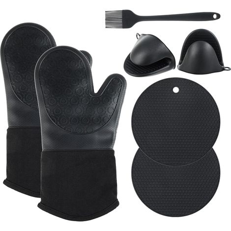 Set de 6 gants cuisine silicone, résistants à 230 °C, parfaits pour barbecue, pâtisserie, four, noirs (1/5)