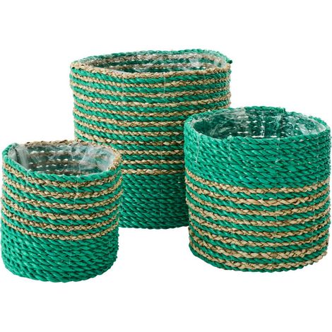 Set de 3 cache pots en raphia vert naturel - vert foncé et naturel (1/4)