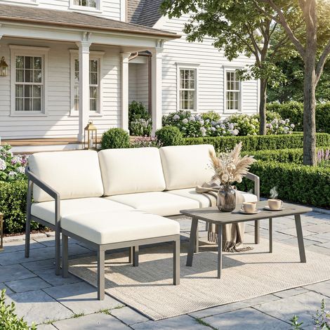 Marron - Ensemble de jardin extérieur en 3 pièces doté de canapé 3 places, repose-pieds, table basse et coussins et beige