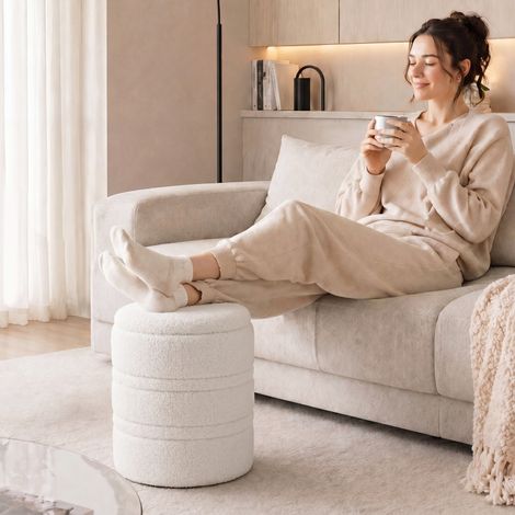 Pouf de rangement Sherpa avec couvercle réversible, tabouret rond pour salon et chambre, blanc (1/4)