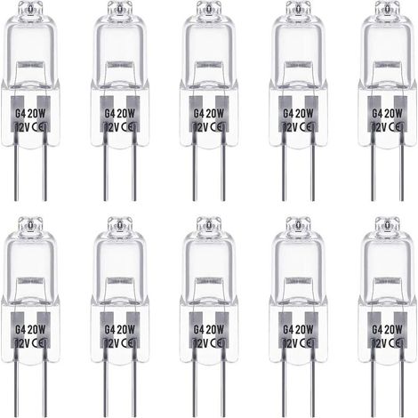 Ampoules Halogènes G4, Lampe de Base à Broche Halogène 12V 20W, Blanc Chaud 3000K, 350LM, Gradable, Lampe Halogène Basse Tension G4, Lampe à Capsule Transparente, Paquet de 10 (1/5)