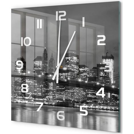 Grande Horloge Murale Carrée Verre Trempé Silencieuse Facile à Lire Design Moderne Manhattan, New York 60x60 cm (1/5)