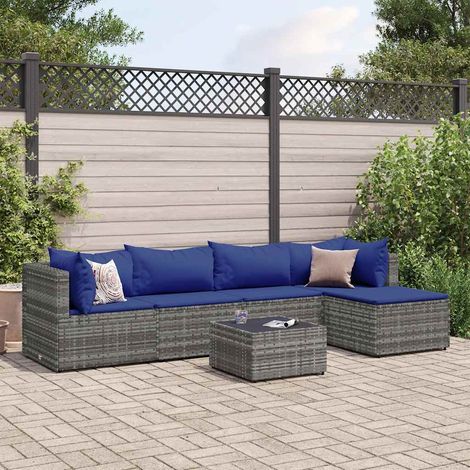 6-tlg. Garten-Lounge-Set mit Kissen Grau Poly Rattan (1/5)