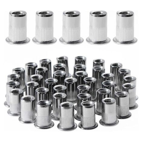 BUNTHAUS 100 pièces M6 écrou à rivet fileté à tête plate,écrous à riveter fileter en acier inoxydable,assortiment inserts filetés pour mental plastique (12 mm × 15 mm) (1/5)