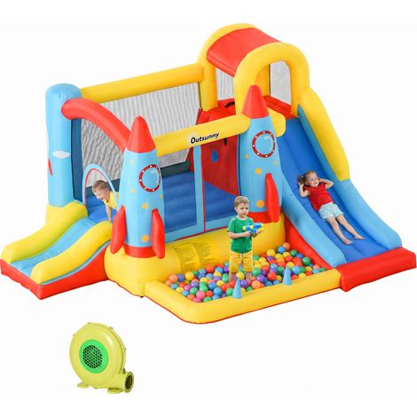 Château gonflable multicolore pour enfants dès 3 ans avec 2 toboggans, piscine et zone de saut, 330 × 265 × 185 cm (1/5)