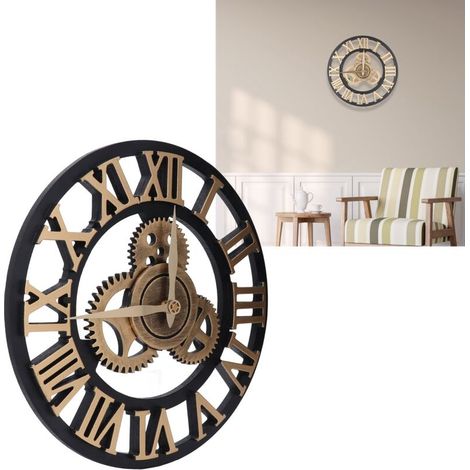 Vintage-Retro-Wanduhr aus Holz, 34 cm, handgefertigt mit 3D-Zahlen und Zahnrädern, Industriestil für Wohnzimmer und Wohnbereich, Gold – 1 Stück
