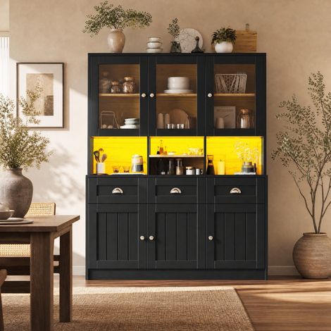 Credenza nera 140x40x175 cm in legno, con LED per cucina o sala da pranzo FloraGrace (1/5)