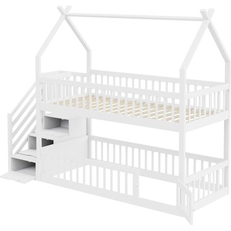 Letto a castello per bambini 90 x 200 cm con tetto, scala di sicurezza e cassetti, bianco (1/5)