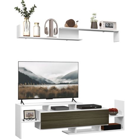 Meuble TV mural en bois noir et blanc avec étagères ouvertes pour un salon moderne et élégant (1/5)