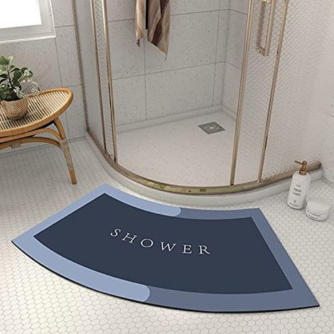 Tapis de Douche Incurvé Diatomite, Super Absorbant Tapis de Douche Arrondi en Quart de Cercle, Lavable Tapis Douche Angle Antidérapant pour Sortie de Cabine Douche,Bleu,45x100CM (1/4)