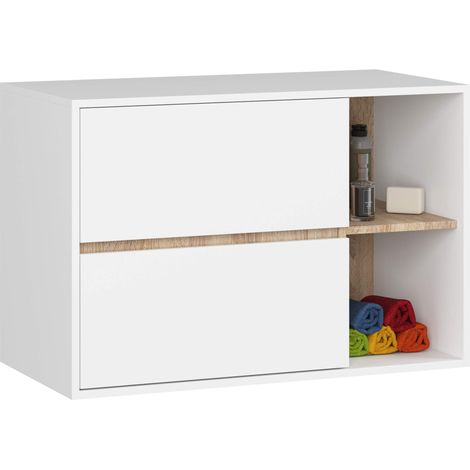 Meuble salle de bains VAMI suspendu sans vasque Blanc et Chêne Sonoma 90 cm 2 tiroirs 2 étagères 90x45,5x60 cm (1/5)
