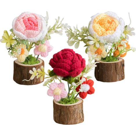 Ensemble de 3 plantes en pot de fleurs au crochet faites à la main : décoration de bureau pour enseignants, mignon rose au crochet tricoté dans un pot en bois (1/5)