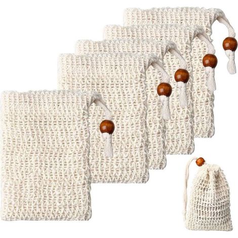 5er-Pack Seifensäckchen aus Sisal, umweltfreundlicher Seifenspenderbeutel, natürliche Kordelzugbeutel für Bad und Dusche (1/5)