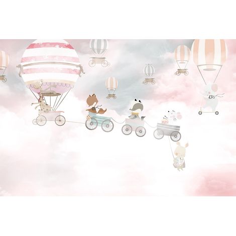 Papier peint panoramique Enfants - Animaux Montgolfières - 195 cm x 130 cm (1/2)