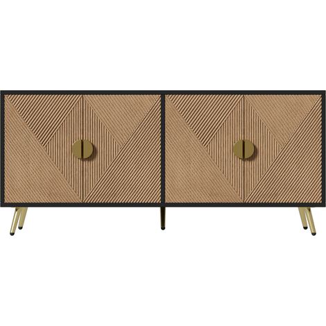 Buffet 160x40x75cm, 4 portes avec poignées dorées et pieds brillants, noir et bois (1/5)